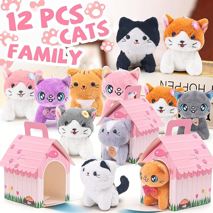 12 Pcs Mini Plush Kitty Set Stuffed Cats, Cat Party Favors with Keychain Gift Toys with Carton House, Kids Birthday Christmas Party Gift