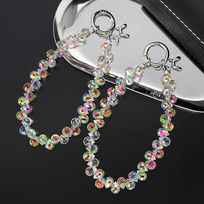 2pcs Crystal Phone Wrist Strap Phone Charm Chain Keychain Beaded Cellphone Lanyard with Tether Tab Hands-Free Wristlet Bracelet Wrist Grip Strap for Women, D-Crystal AB