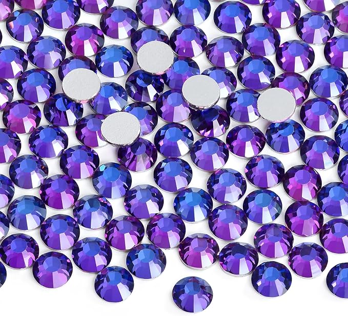 Glue Fix Crystal Flatback Rhinestones Glass Diamantes Gems for Crafting Nail Art Crafts Decorations Clothes Shoes 7.2mm (ss34 288pcs, Purple Velvet)