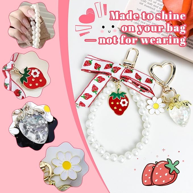 2Pcs Strawberry Keychain Charm Cute Bag Charms Flower Daisy Pearl Bow Keychain Strawberry gift for Women