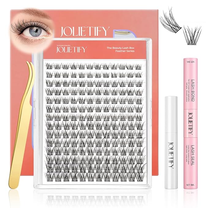 JOLIETIFY Lash Extension Kit, Natural Style, Lightweight Faux Mink 8–14mm Clusters with More Short Clusters, Delicate Wispy Look, Individual Lashes with Waterproof Bond & Seal, Tweezers & Remover
