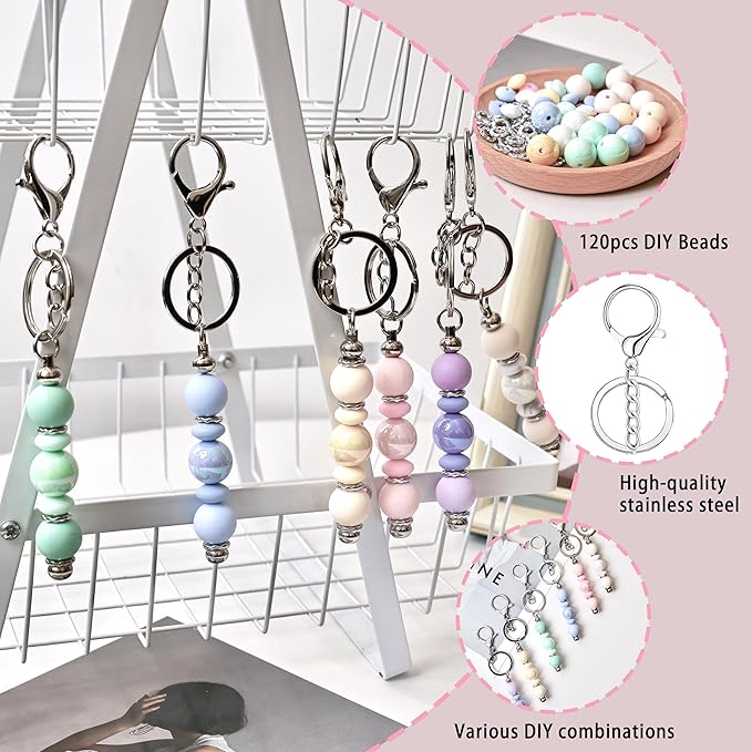 SUIMZESTI 133 Pcs Beadable Keychains Bars Set, Bulk Keychain Making Kit for Women with Spacer Acrylic Silicone Beads for Keychains Making Accessories DIY Crafts Gifts