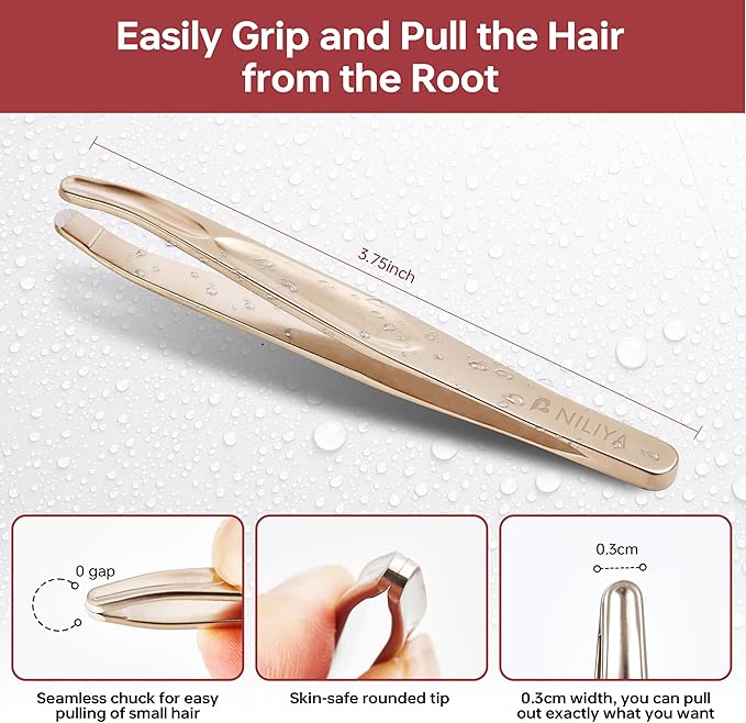 Beard Tweezers for Man, Professional Round Tip Pucker for Chin, with Leather Travel Case (Champagne gold)