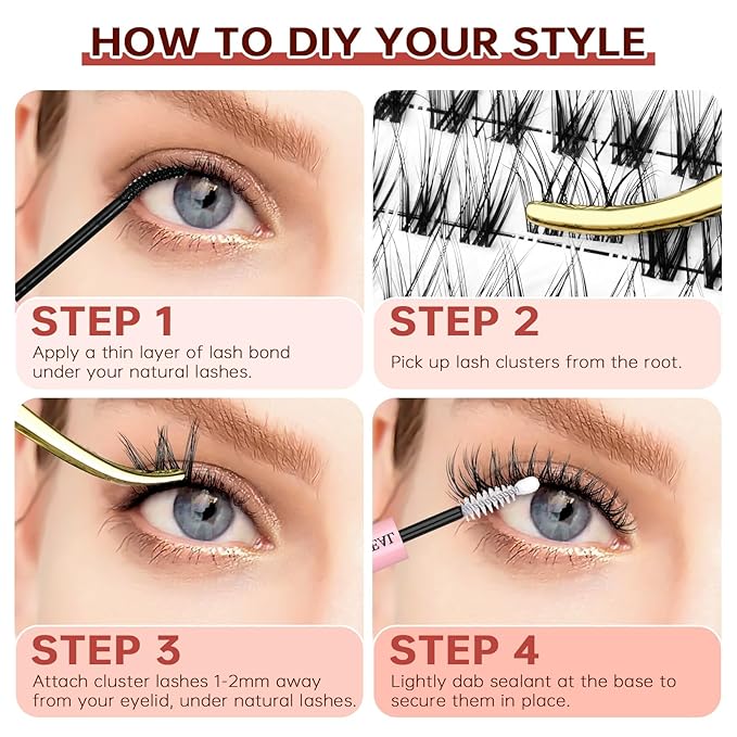JOLIETIFY Lash Extension Kit, Natural Style, Soft Faux Mink 8-16mm Cluster Lashes, Barely-There Look, Reusable Individual Lashes, Waterproof Bond & Seal, Eyelash Tweezers & Remover, Easy DIY at Home
