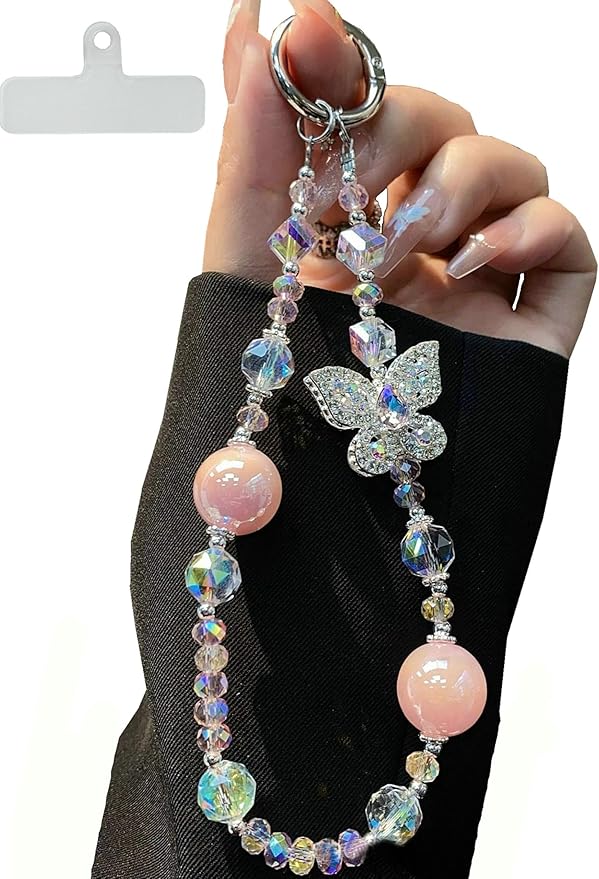 Crystal Butterfly Phone Charm, Pink Pearl Beaded Lanyard, Bling Shiny Wrist Strap Keychain for Purse Bags Car keys Earphones