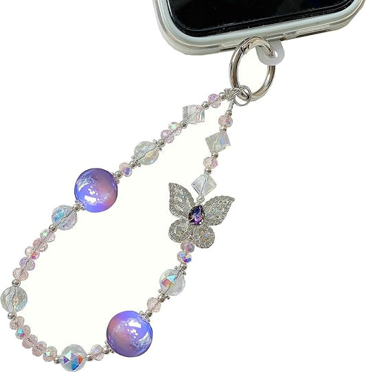 Crystal Butterfly Phone Charm, Pink Pearl Beaded Lanyard, Bling Shiny Wrist Strap Keychain for Purse Bags Car keys Earphones
