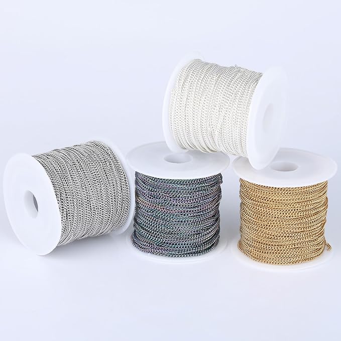 66FT Colorful Stainless Steel Curb Chains Roll, 1.5mm 304 Stainless Steel Multi Color Flat Twisted Links Curb Chains Bulk Spool for Jewelry Making DIY Craft
