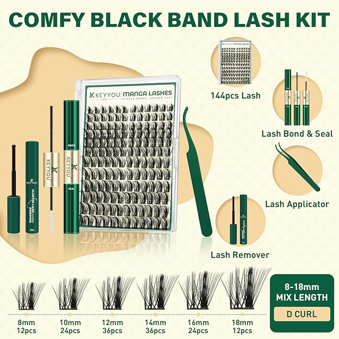 KEYYOU LASH Manga Lash Clusters Kit 8-18mm Eyelash Clusters Kit DIY Lash Extension Kit Natural Fairy Cluster Lashes with Lash Bond Seal Remover Applicator Soft Thin Band(MG02)