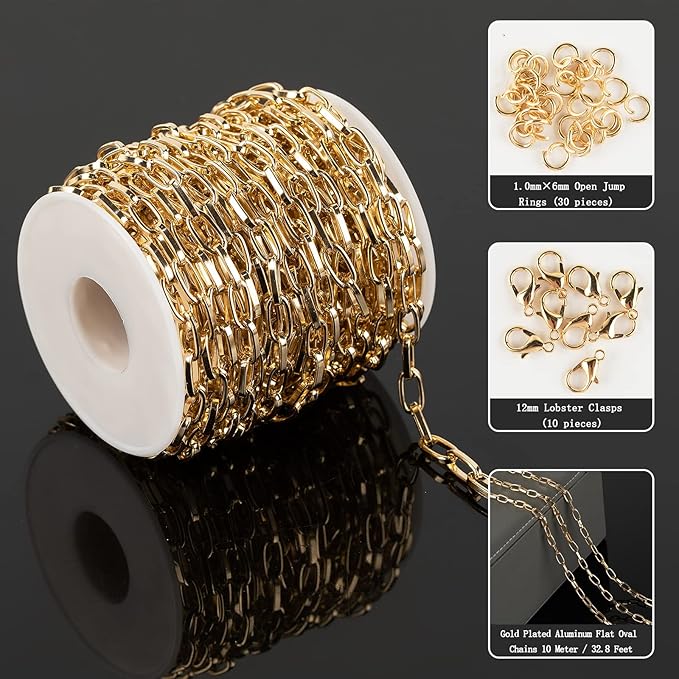 32.8 Feet Aluminum Link Chain Light Gold Flat Oval Chains for Jewelry Making Unwelded Paperclip Chain Spool Necklace Chains Bulk with Lobster Clasps and Jump Rings