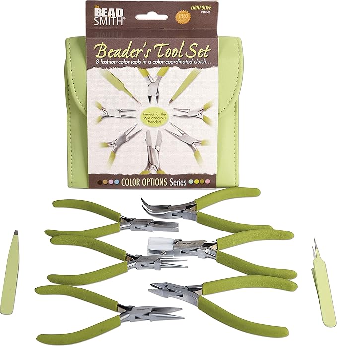 The Beadsmith Fashion Color Pliers – Set of 8 Slimline Color-Coordinated Tools – Matching Clutch in Light Olive – Jewelry Making Supply Kit to Create Necklaces, Bracelets, Earrings & More