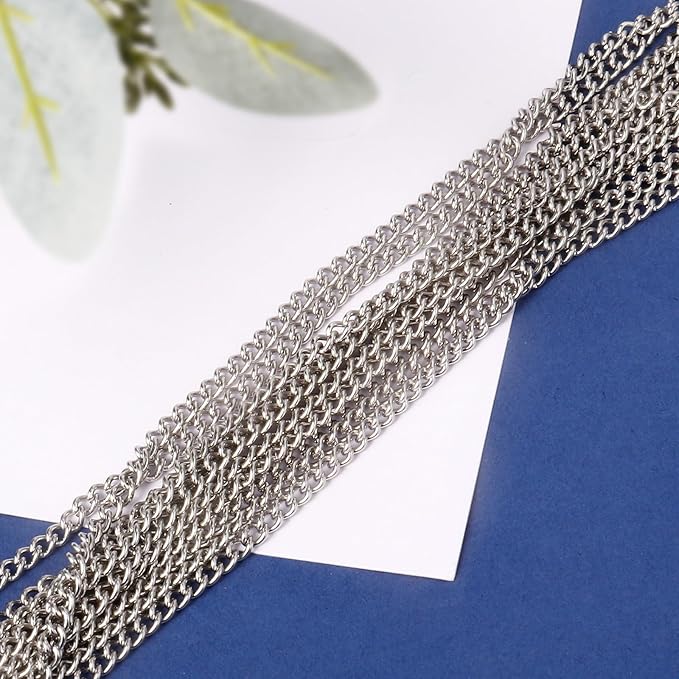 [33 FT] Stainless Steel Curb Chains Bulk for Jewelry Making, 5mm 304 Stainless Steel Flat Twisted Links Curb Chains Roll Spool for Jewelry Making DIY Craft