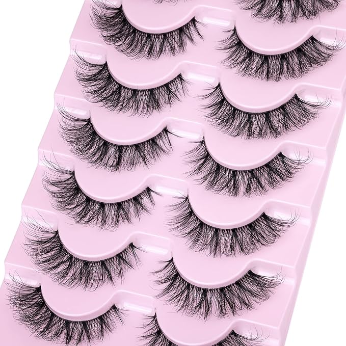 False Eyelashes Natural Wispy D Curl False lashes Clear Band zanlufly Russian Strip Lashes Fluffy Eyelashes 3D Effect Cat Eye False Eyelashes 7 Pairs Pack