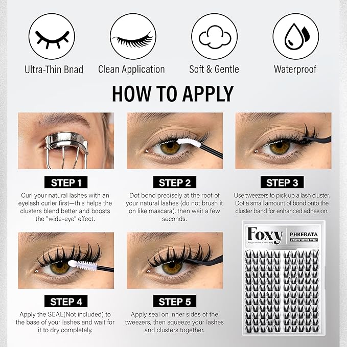 PHKERATA Cat Eye Lash Clusters Kit Fairy Eyelash Clusters Spiky Lash Extension Kit Left & Right Wispy Cluster Eyelash Extensions DIY Fox Eye Individual Lashes with Clear Bond and Seal Tweezers