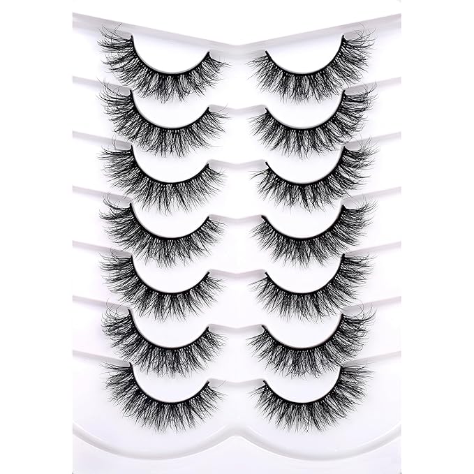 Pooplunch Natural False Eyelashes Cat Eye Look Wispy Clusters 8D Volume Fake Eyelashes Faux Mink Lashs Strips 7 Pairs Pack