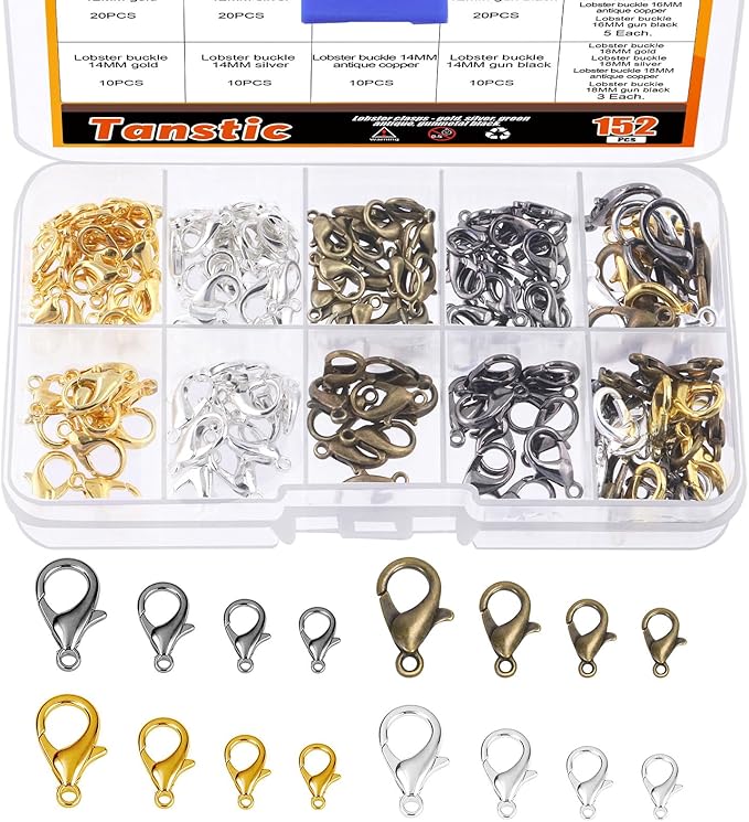 Tanstic 152Pcs 4 Colors 4 Sizes Lobster Claw Clasps Kit, 12mm, 14mm, 16mm, 18mm Alloy Small Jewelry Clasps Lobster Clasps for DIY Necklace Bracelet Jewelry Making