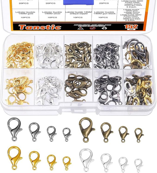 Tanstic 152Pcs 4 Colors 4 Sizes Lobster Claw Clasps Kit, 12mm, 14mm, 16mm, 18mm Alloy Small Jewelry Clasps Lobster Clasps for DIY Necklace Bracelet Jewelry Making