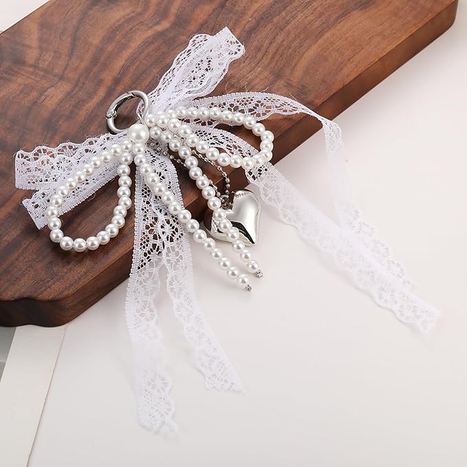 Pearl Bow Keychain Cute Y2k Lace Bowknot Keychain Coquette Aesthetic Accessories Bag Purse Handbag Backpack Charm