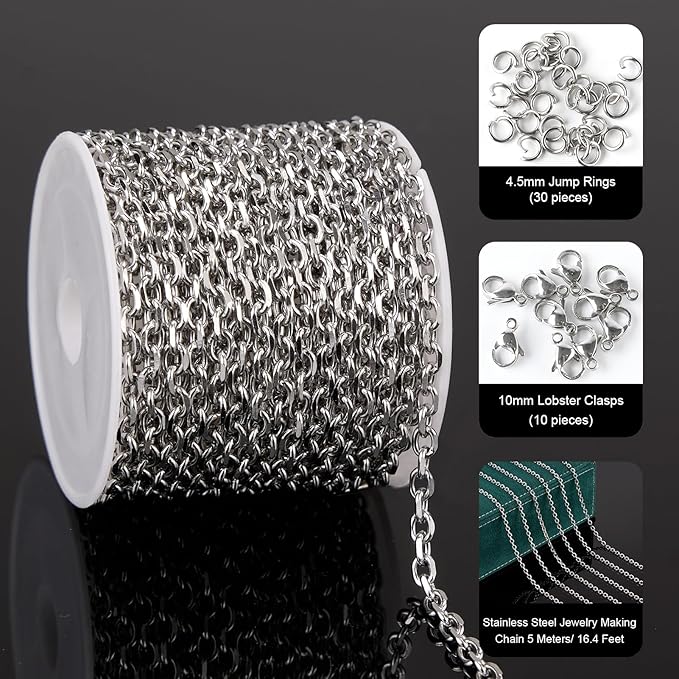 UMAOKANG 16.4 Feet Stainless Steel Chain for Jewelry Making Small Cable Chain Bulk with Jump Rings and Lobster Clasps
