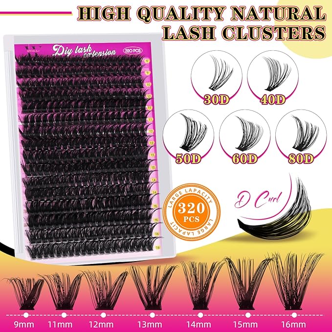 Lash Clusters 320PCS Individual Lashes D Curl Eyelash Clusters Mixed Length Cluster Eyelash Extensions Clusters Lashes with Thin Band Soft False Eyelashes DIY at Home(60D,D-Mix9-16mm)