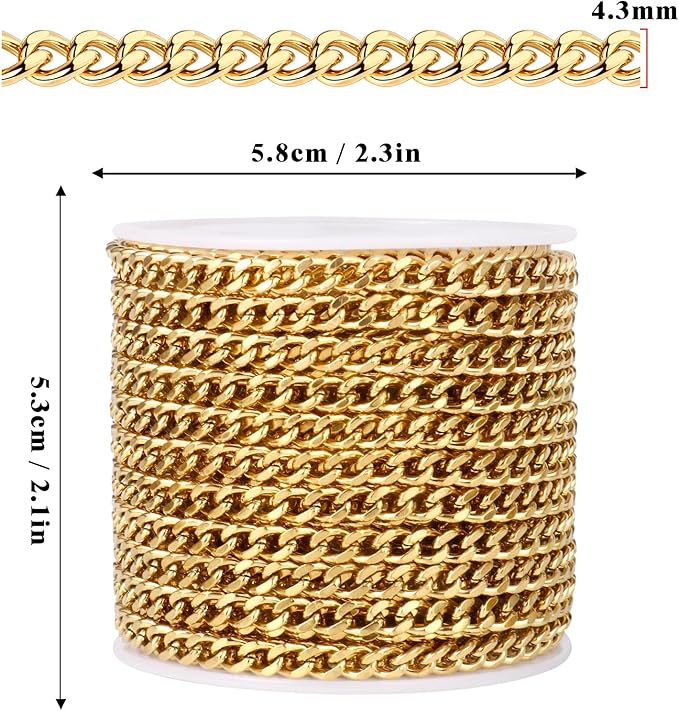 33FT Gold Stainless Steel Cuban Chain Roll 4.3MM 18K Gold PVD Plated Diamond-Cut Curb Link Chains Spool Bulk for Jewelry Making