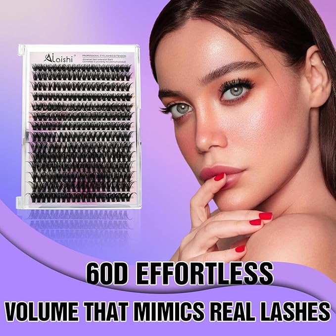 Lash Clusters, DIY Cluster Eyelash Extensions 9‑16mm, 60D, 280pcs Fluffy D Curl Natural Lashes–Fake Cat Eye Wispy Individual Clusters