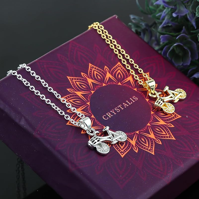 JOR Cycle Charm Pendant Necklace, Travel Lover Charm, Women Jewelry, Dainty Gold & Silver Plated Combo Chain 18 inch (Pack of 2)