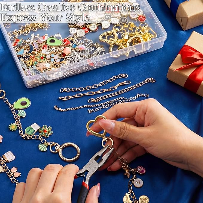 DRHWEFSQ 325Pcs Lipgloss Keychain Making Kit, DIY Jewelry Supplies with 118 Charms, 25 Extender Chains, 30 Clips, 150 Jump Rings & Plier for Custom Keychains, Bags, Handmade Gifts