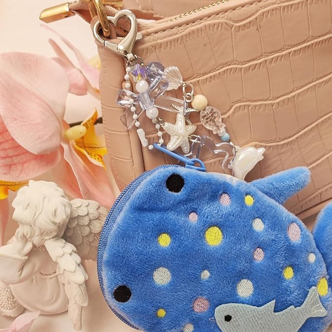 Adorable Whale Shark Coin Purse Keychain,Soft Plush Zipper Coin Purse,Handmade Purse Bag Charm Gift for Women (Blue)