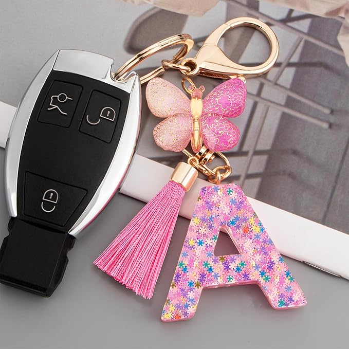Suweibuke Cute Pink Key Chains for Women Girls, Initial Letter Keychains with Tassel, Charms for Key Purse Handbags Backpacks
