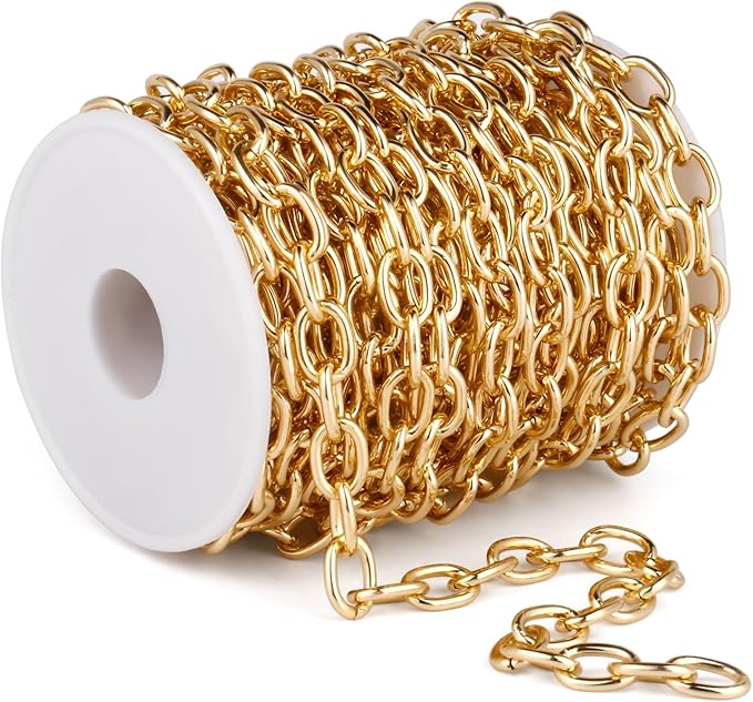 33 Feet Gold Rolo Cable Chains Roll, 9 MM Gold Plated Aluminium Oval Cable O Links Chain Bulk Spool for Jewelry Making DIY Craft