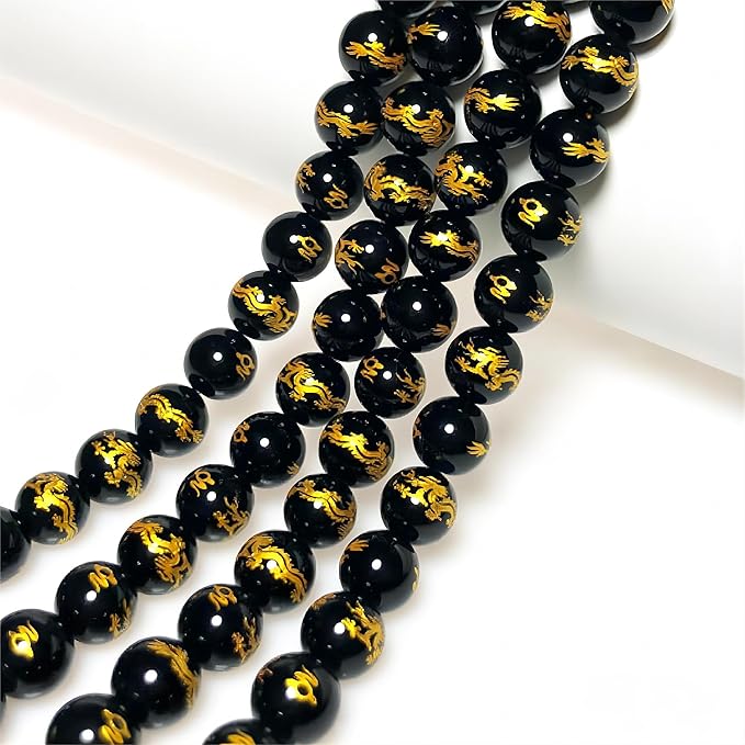 MJDCB Natural Stone Beads 12mm 30pcs Round Black Onyx Carved Dragon Loose Gemstone Bead Charms for Jewelry Making Bracelet Necklace Earring Pendant