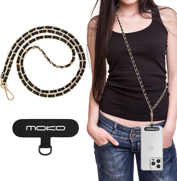 MoKo Universal Phone Lanyard, Metal Cell Phone Chain Crossbody Strap Anti-Theft Detachable Women Cellphone Lanyards Around The Neck with Patches for iPhone, Most Smartphones - Gold & Black