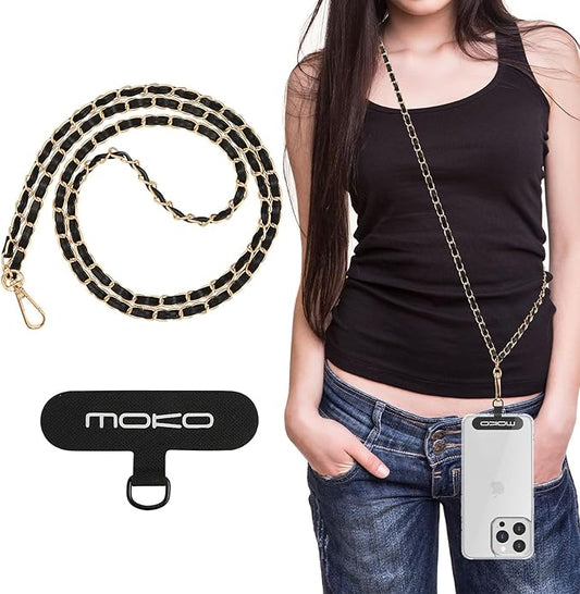 MoKo Universal Phone Lanyard, Metal Cell Phone Chain Crossbody Strap Anti-Theft Detachable Women Cellphone Lanyards Around The Neck with Patches for iPhone, Most Smartphones - Gold & Black
