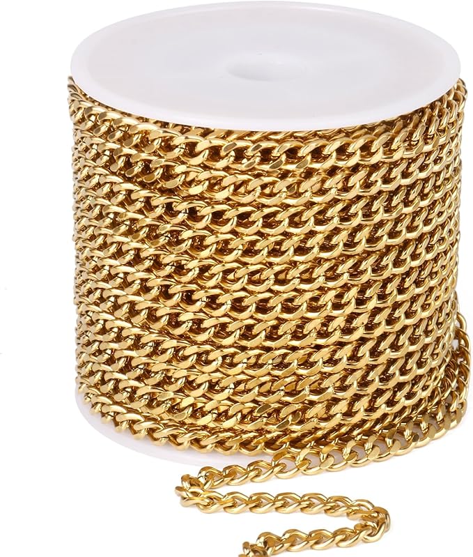 33FT Gold Stainless Steel Cuban Chain Roll 4.3MM 18K Gold PVD Plated Diamond-Cut Curb Link Chains Spool Bulk for Jewelry Making