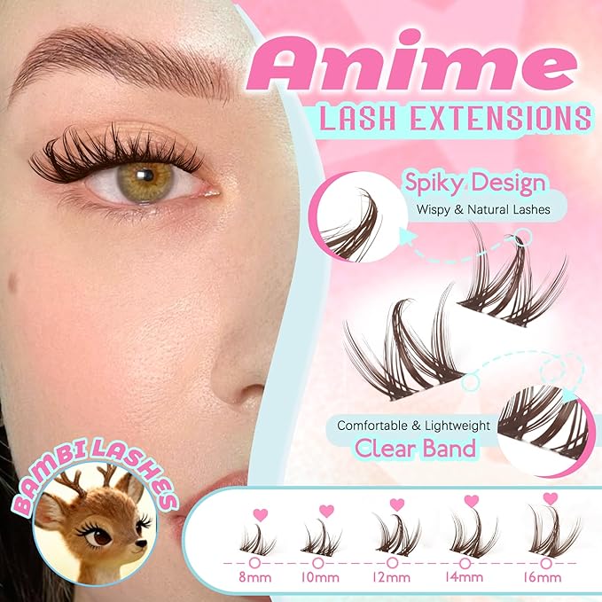 Lash Clusters Brown Manga Lash Clusters Spiky Doll Individual Lashes 120Pcs D Curl 8-16MM Dark Brown Doe Eyed Cluster Eyelash Extensions with Clear Band for DIY at Home (Narcissus-Brown)