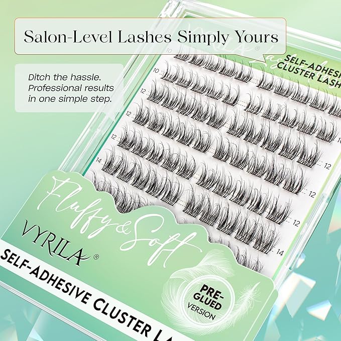 VYRILA Self-Adhesive Lash Cluster, 100pcs Pre-Glued Clusters, Pop-On Faux Eyelashes, 3D Band D Curl Natural Look Lahses, Easy to Apply, Reusable 0.05mm Eyelash Extensions (Green Charm-D-0.05-10-16mix)