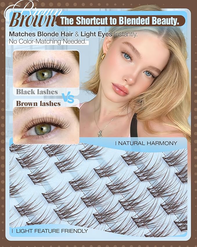 Brown Lash Clusters 10-12MM Pre-Mapped Eyelash Clusters Natural Cluster Lashes Individuals Short Wispy Cluster Eyelash Extensions Open Eye Lashes Clusters Fluffy Lash Extensions (C Curve, 144Pcs)