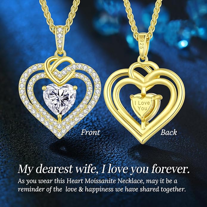 OOBEE Moissanite Heart Necklaces for Women, 1- 4 Carat Moissanite 925 Sterling Silver Gold Plating Fine Women Necklace，Ideal Anniversary Birthday Christmas Valentine Mothers Day Jewelry Gifts for Mom Wife Her Girlfriend