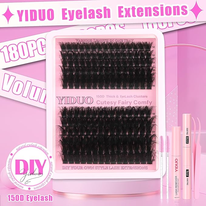 YIDUO Lashes Clusters Kit 150D 12-22MM D Curl Volume Wispy EyeLash Extensions Kit 180pcs Thick Individual DIY false eyelashes Extension with Bond and Seal |Tweezers |Removers |Eyelash Brush