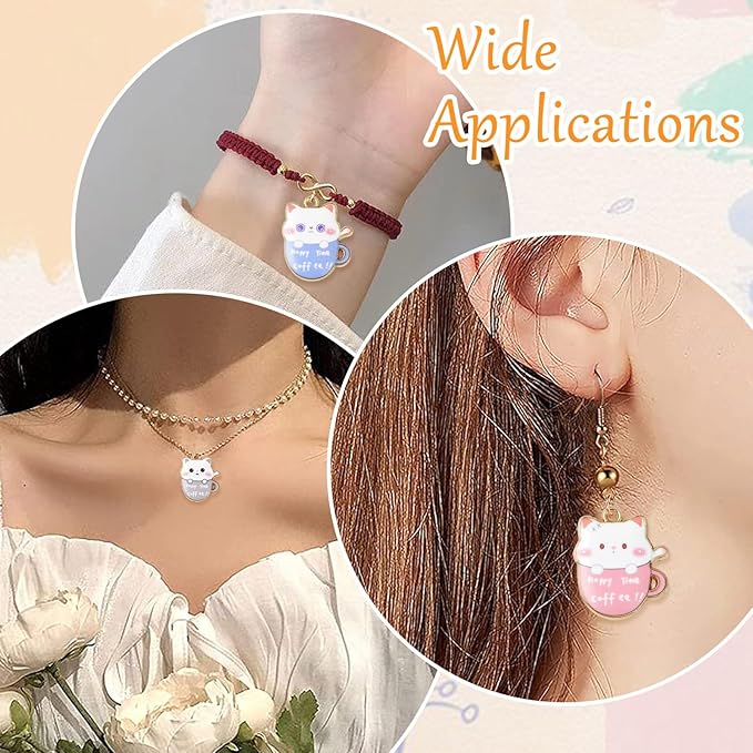 Stiesy 30 Pcs 6 Color Cat Charms for Jewelry Making Cute Kitten Animal with Coffee Cup Enamel Charm Pendants for Crafting DIY Necklace Bracelet Earring Presents