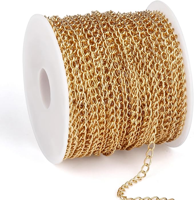 33 Feet 18K Gold PVD Plated Stainless Steel Curb Chain Bulk, 2.5mm 304 Stainless Steel Extension Chain Twisted Link Curb Chains Bulk for Jewelry Making DIY Craft
