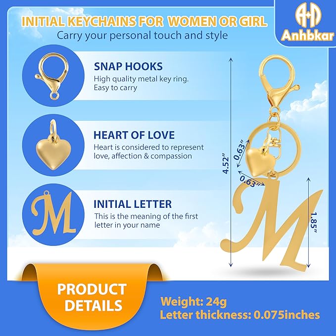 A-Z Heart Initial Letter Keychain, Stainless Steel Alphabet Charm for Handbags, Gift for Women and Girls
