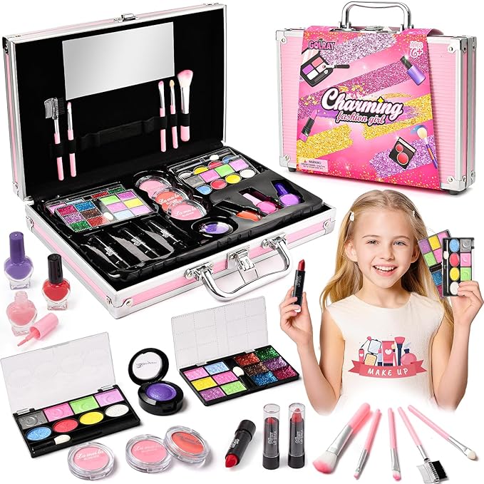 Golray Teen Makeup Kit for Girls Ages 8-12, Starter Full Make up Set With Train Case / 4 Eyeshadow Pallets/Blush/Lipstick/Brush, Kid Birthday Gift Beauty Toy for Girl 9 10 11 12 Years