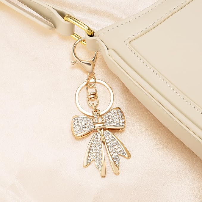 XGALBLA Sparkly Cute Initial Letter Rhinestone Bow Keychain for Women Gold Tone Bag Charms Coquette Aesthetic Purse Charms
