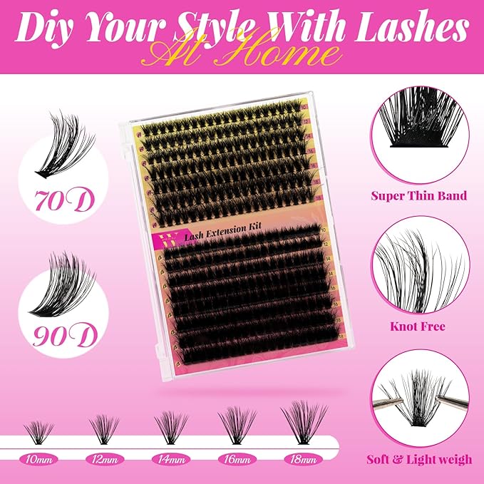 Lash Clusters Kit 300pcs 70D+90D DIY Individual Lashes Extension Kit Cluster Eyelash Extensions with Lashes Clusters Bond and Seal Eyelash Remover Lashes Applicator Tool at Home(D-Mix10-18mm)
