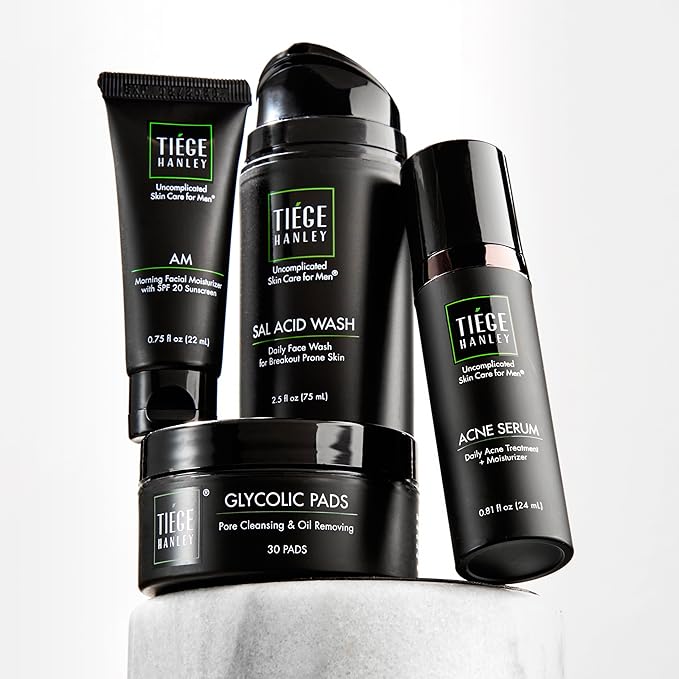 Tiege Hanley Acne Treatment Skin Care Set for Men, System Level 2, Tiegeclear Advanced Routine With Salicylic Acid Wash, Glycolic Acid Pads, Serum & Daily Moisturizer, Men’s Skin Care, 4 Piece Kit