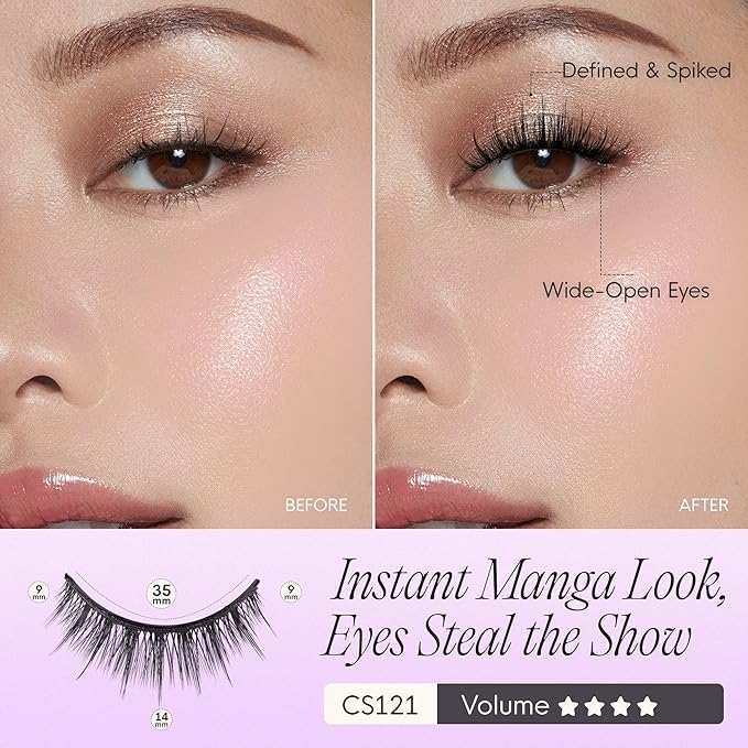 BEYELIAN Manga Lashes Self Adhesive Eyelashes Natural Look Anime Lashes Wispy Spiky 3D Volume Eyelashes Korean Japanese Asian Cosplay Fake Eyelashes CS121