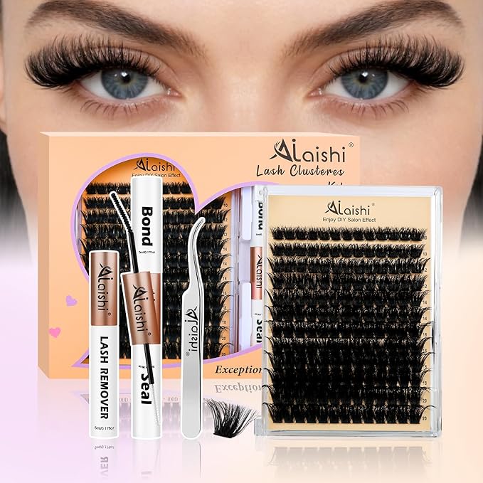 AILAISHI Lash Clusters Kit, DIY Cluster Eyelash Extensions 10‑20mm, 150D, 156pcs Fluffy D Curl Natural Lashes with Bond & Seal,Remover,Tweezers – Fake Cat Eye Individual Clusters