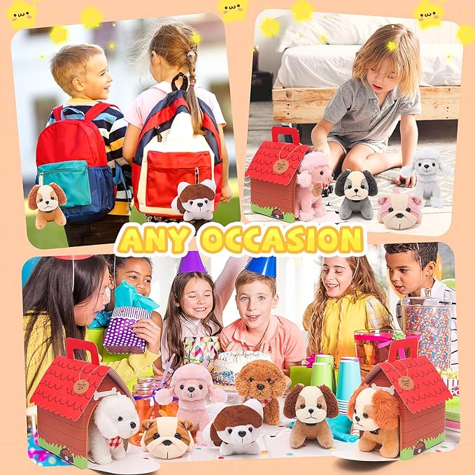 12 Pcs Mini Plush Puppy Set, Adopt A Pet Dog Party Favors with Keychain Gift Toys with Carton Dog House, Kids Baby Show Birthday Christmas Party
