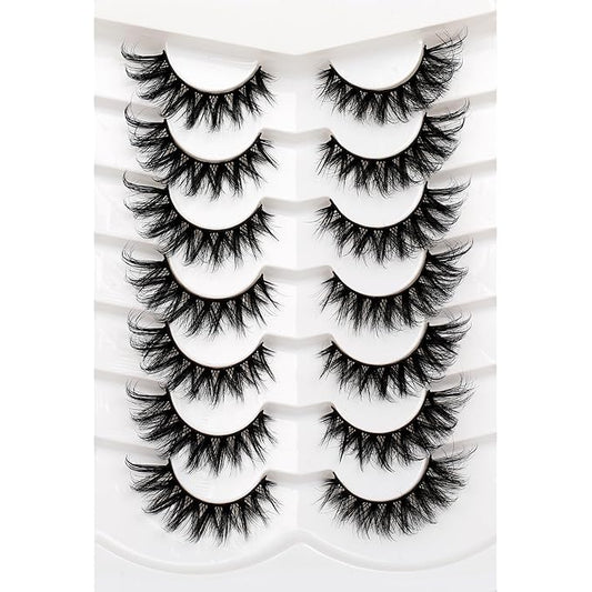 Pooplunch False Eyelashes Cat Eye Look 8D Crossed Wispy Natural Volume Faux Mink Lashes Fake Eyelashes Strips 7 Pairs Pack